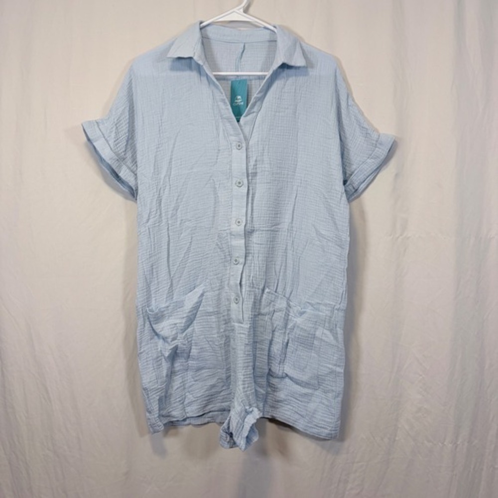 CUPSHE Romper Button Front Gauze‎ Light Blue Short Sleeve Pockets Size S